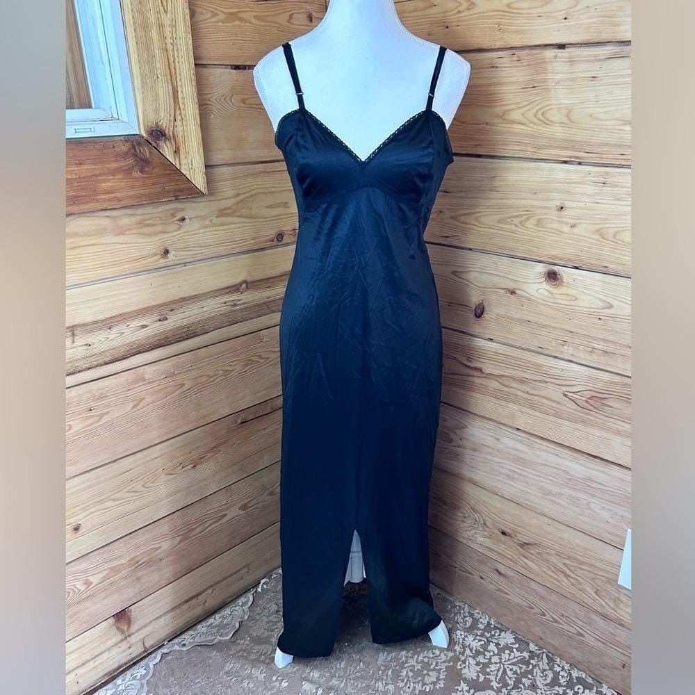 Vintage Black Lace Trim‎ Full Length Slip Maxi Dress Womens Large
